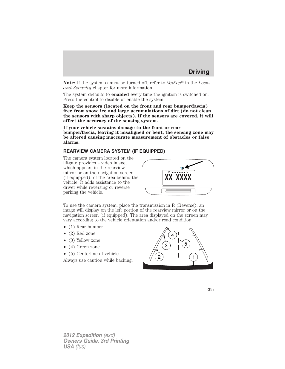 Rearview camera system (if equipped), Rear-view camera system, Driving | FORD 2012 Expedition v.2 User Manual | Page 265 / 396