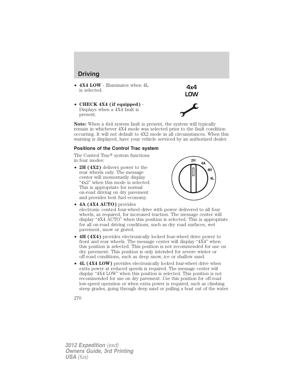 Positions of the control trac system, Driving | FORD 2012 Expedition v.2 User Manual | Page 270 / 396