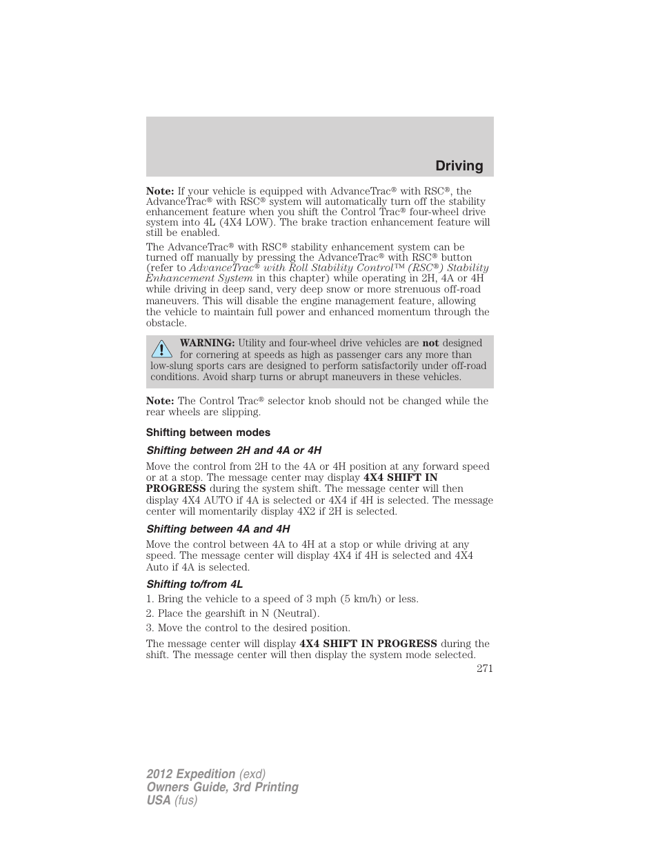 Shifting between modes, Shifting between 2h and 4a or 4h, Shifting between 4a and 4h | Shifting to/from 4l, Driving | FORD 2012 Expedition v.2 User Manual | Page 271 / 396