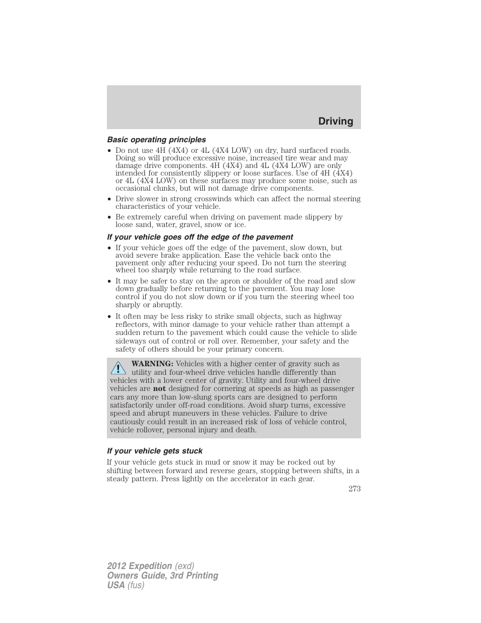 Basic operating principles, If your vehicle goes off the edge of the pavement, If your vehicle gets stuck | Driving | FORD 2012 Expedition v.2 User Manual | Page 273 / 396