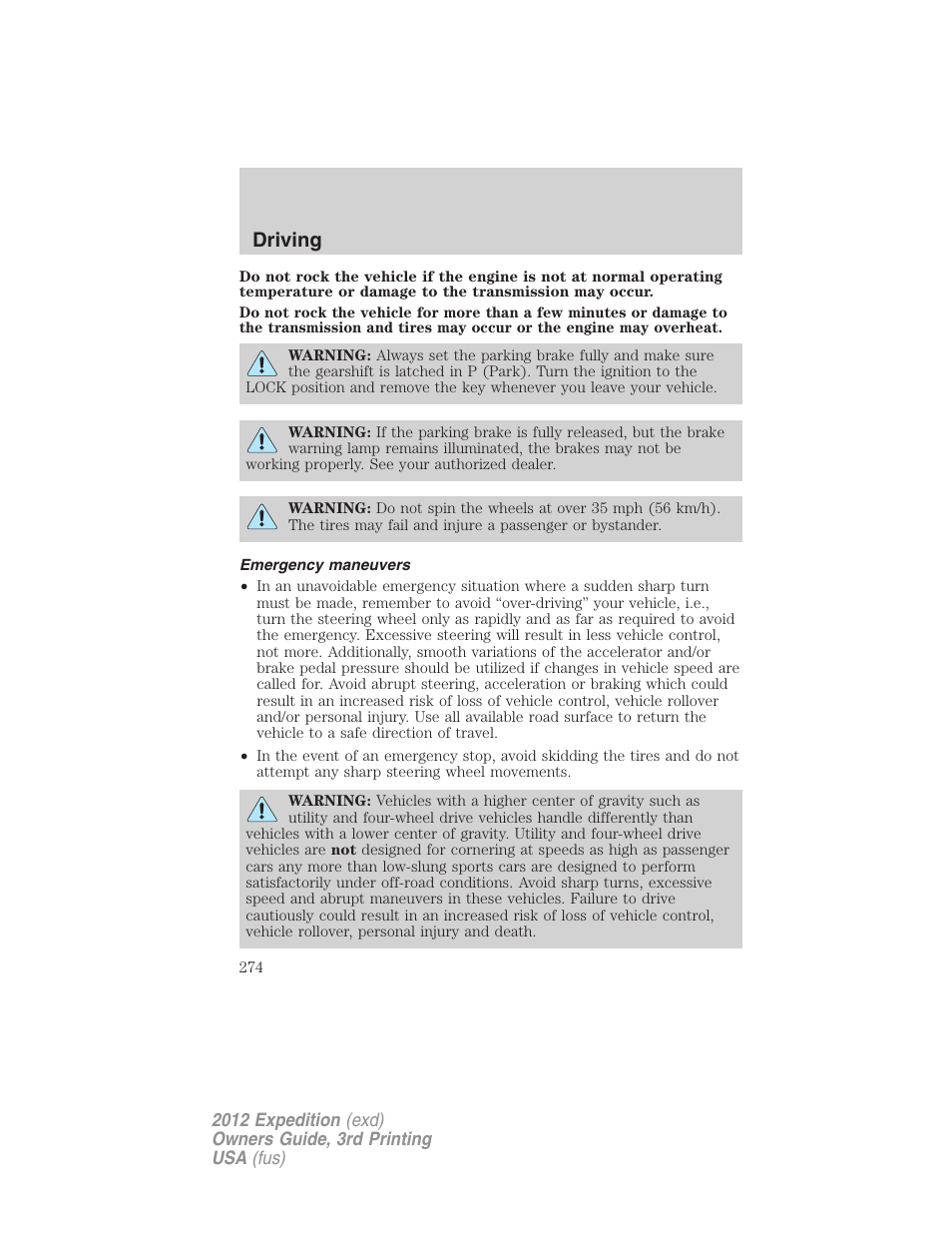 Emergency maneuvers, Driving | FORD 2012 Expedition v.2 User Manual | Page 274 / 396