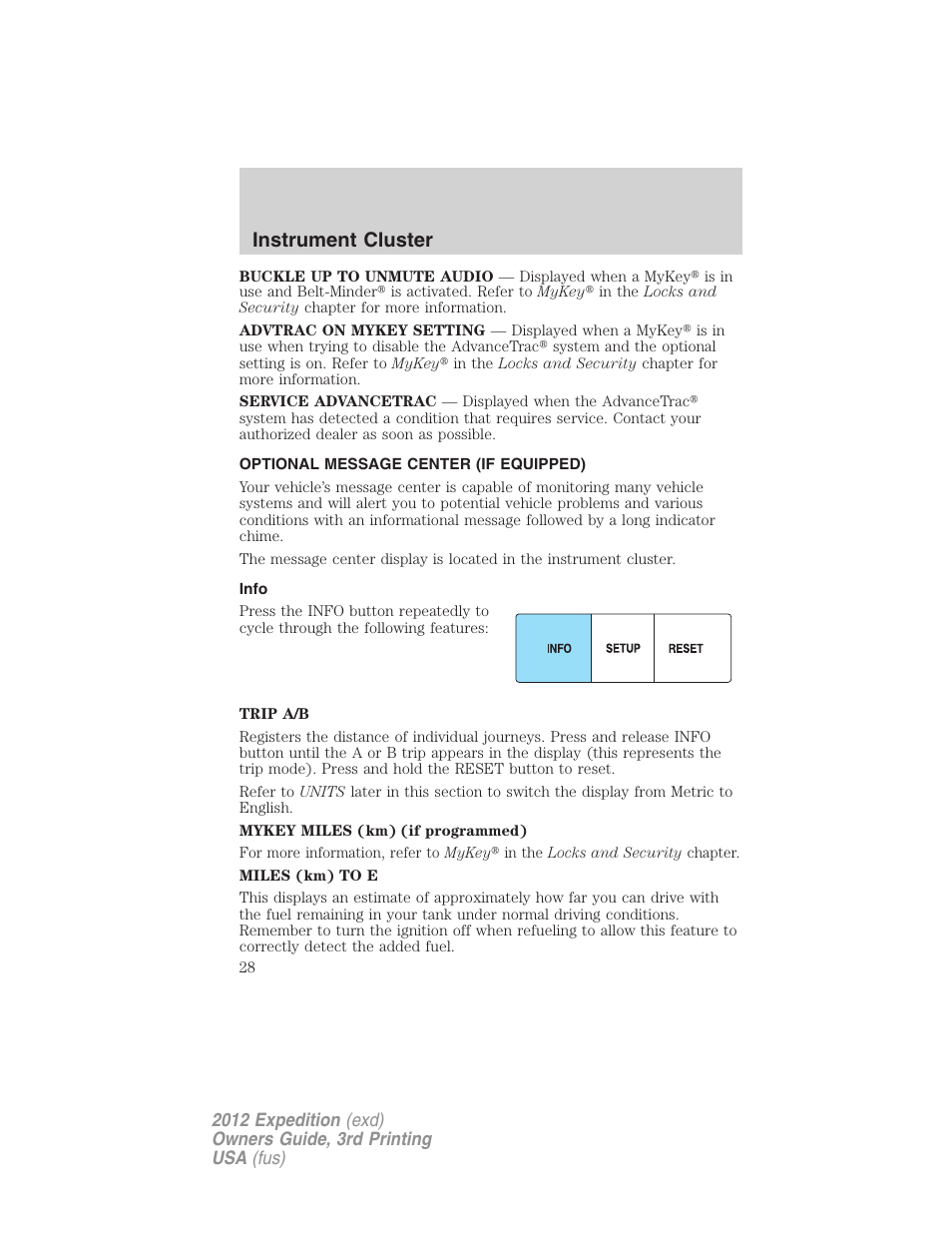 Optional message center (if equipped), Info, Instrument cluster | FORD 2012 Expedition v.2 User Manual | Page 28 / 396