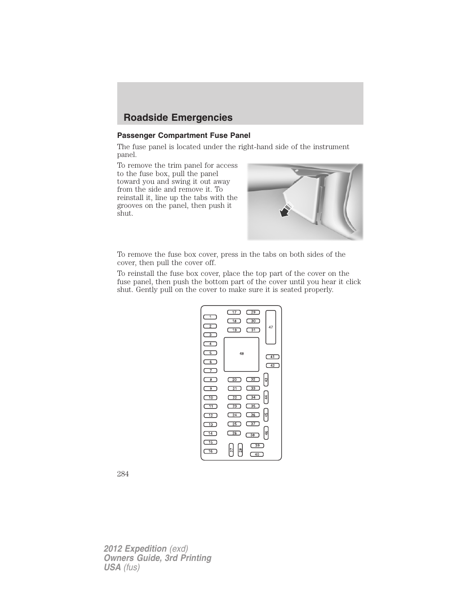 Passenger compartment fuse panel, Roadside emergencies | FORD 2012 Expedition v.2 User Manual | Page 284 / 396