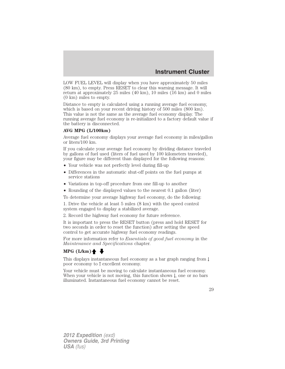 Instrument cluster | FORD 2012 Expedition v.2 User Manual | Page 29 / 396