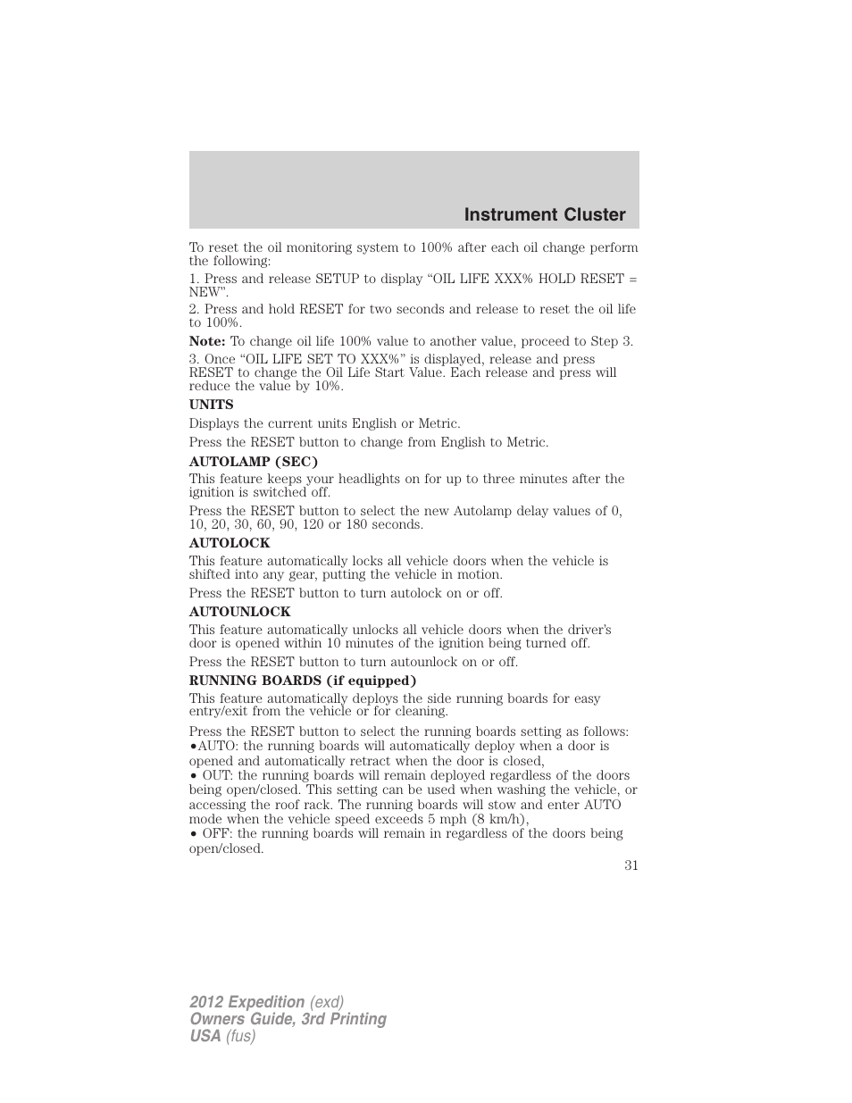 Instrument cluster | FORD 2012 Expedition v.2 User Manual | Page 31 / 396