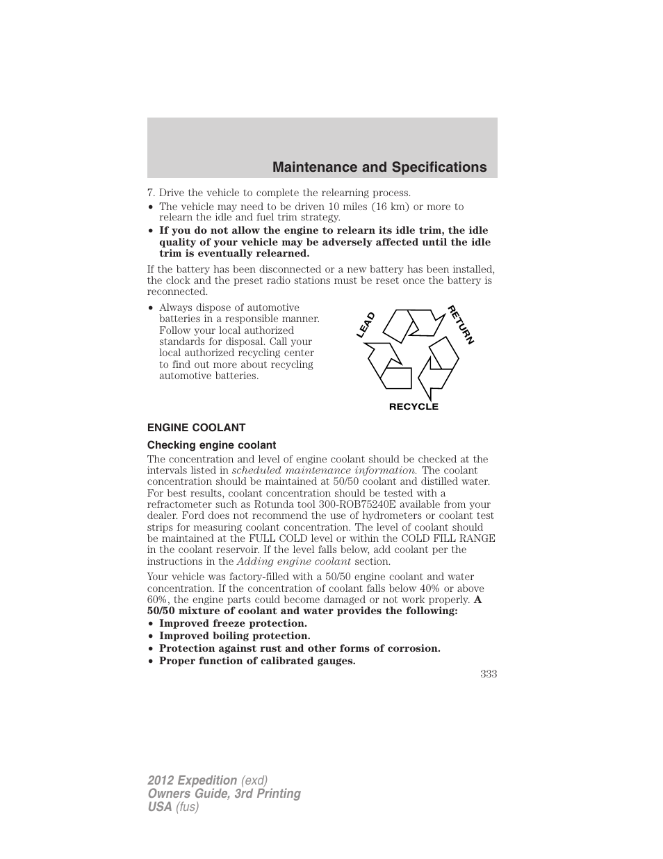 Engine coolant, Checking engine coolant, Maintenance and specifications | FORD 2012 Expedition v.2 User Manual | Page 333 / 396