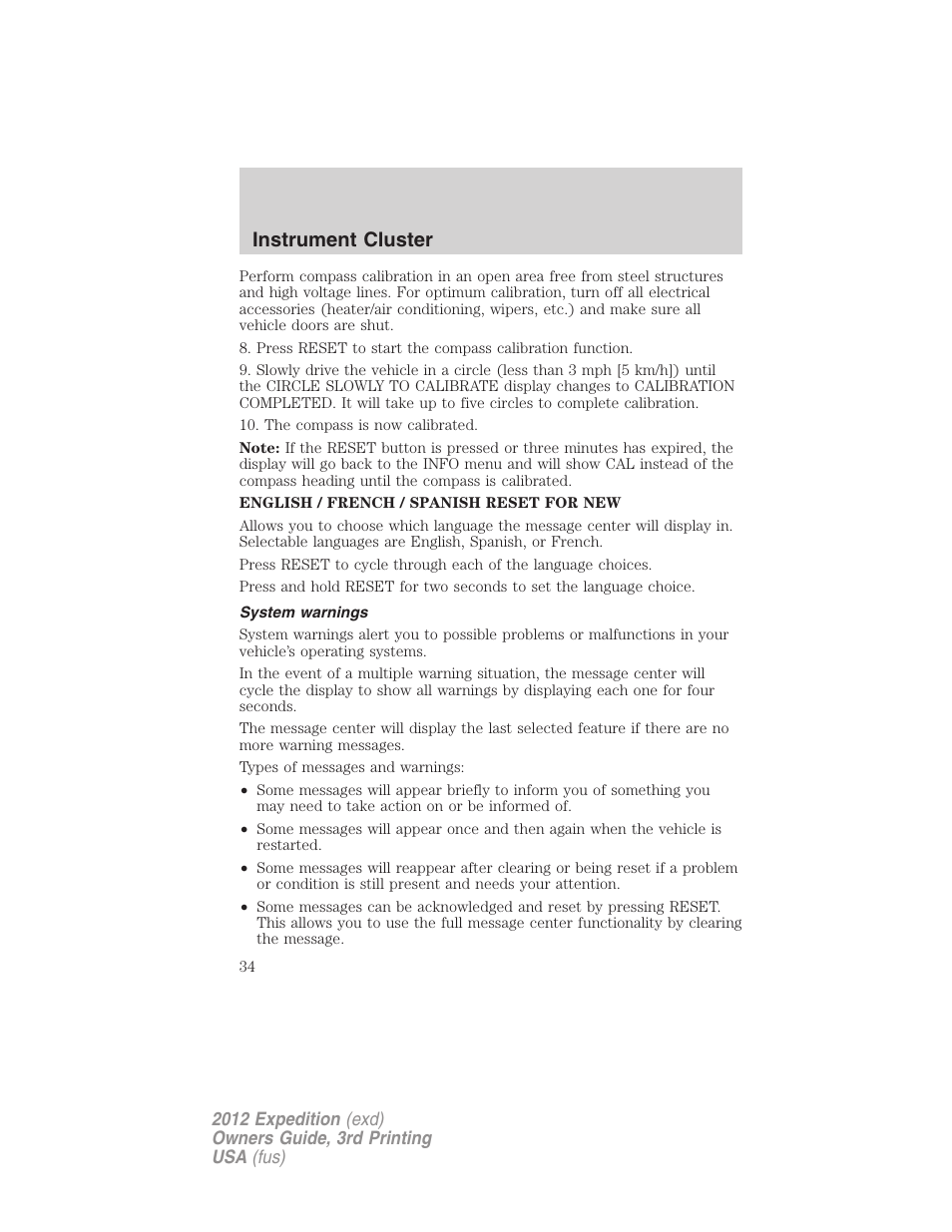 System warnings, Instrument cluster | FORD 2012 Expedition v.2 User Manual | Page 34 / 396