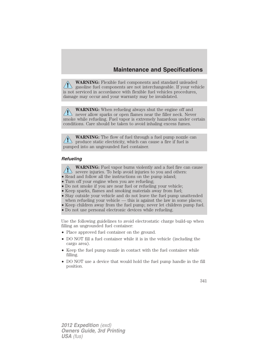 Refueling, Maintenance and specifications | FORD 2012 Expedition v.2 User Manual | Page 341 / 396