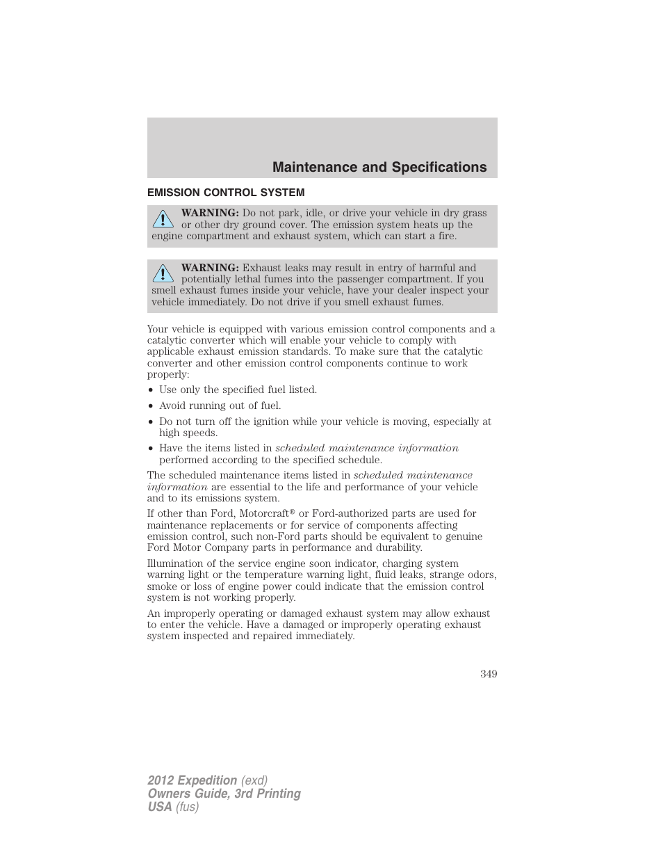 Emission control system, Maintenance and specifications | FORD 2012 Expedition v.2 User Manual | Page 349 / 396