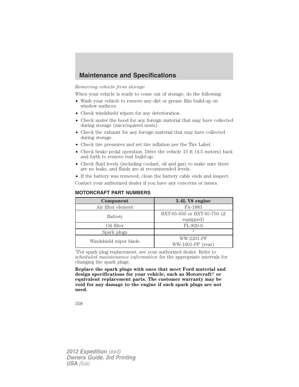 Motorcraft part numbers, Part numbers, Maintenance and specifications | FORD 2012 Expedition v.2 User Manual | Page 358 / 396