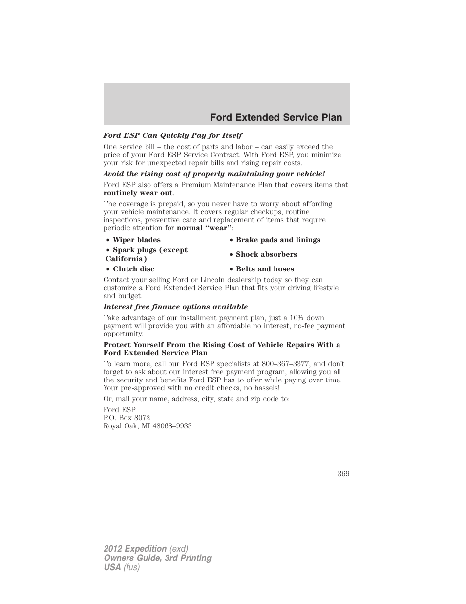 Ford extended service plan | FORD 2012 Expedition v.2 User Manual | Page 369 / 396
