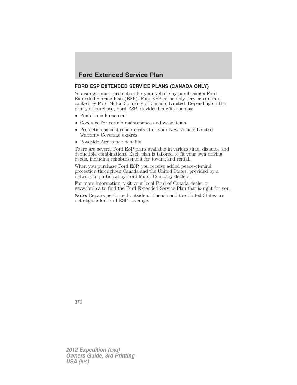 Ford esp extended service plans (canada only), Ford extended service plan | FORD 2012 Expedition v.2 User Manual | Page 370 / 396