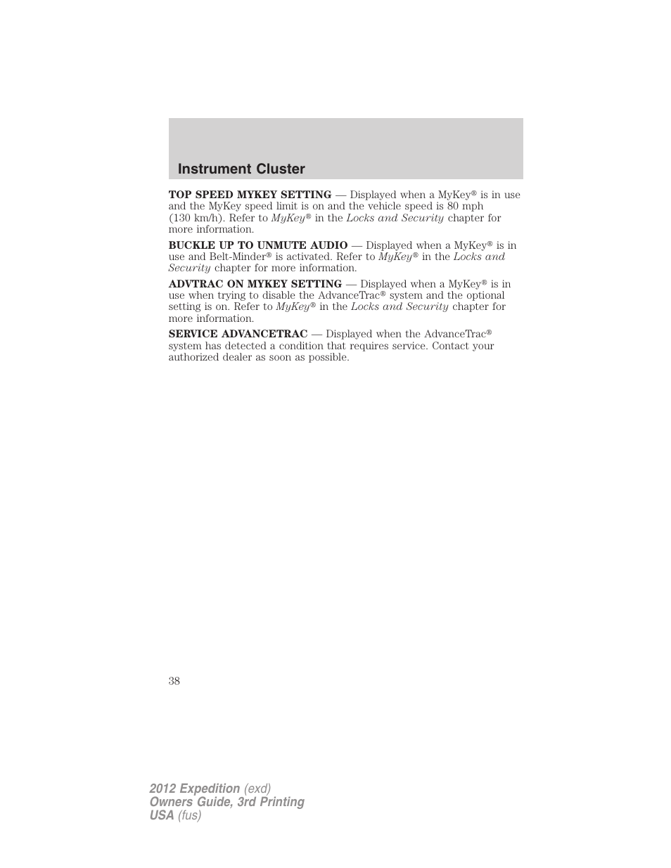 Instrument cluster | FORD 2012 Expedition v.2 User Manual | Page 38 / 396