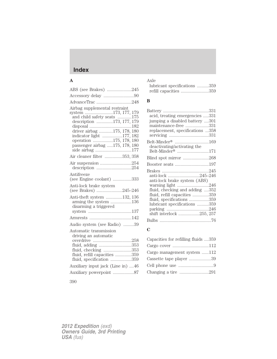 Index | FORD 2012 Expedition v.2 User Manual | Page 390 / 396