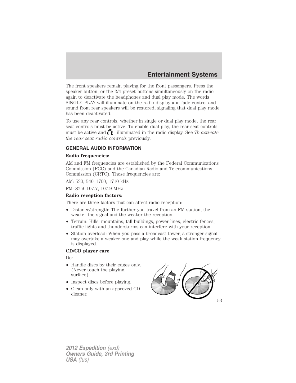 General audio information, Entertainment systems | FORD 2012 Expedition v.2 User Manual | Page 53 / 396