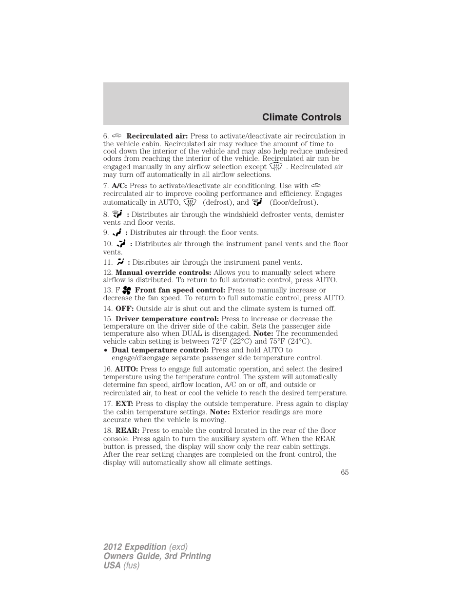 Climate controls | FORD 2012 Expedition v.2 User Manual | Page 65 / 396