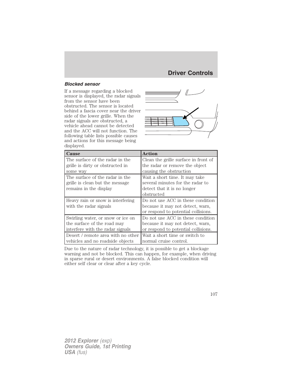 Blocked sensor, Driver controls | FORD 2012 Explorer v.1 User Manual | Page 107 / 439