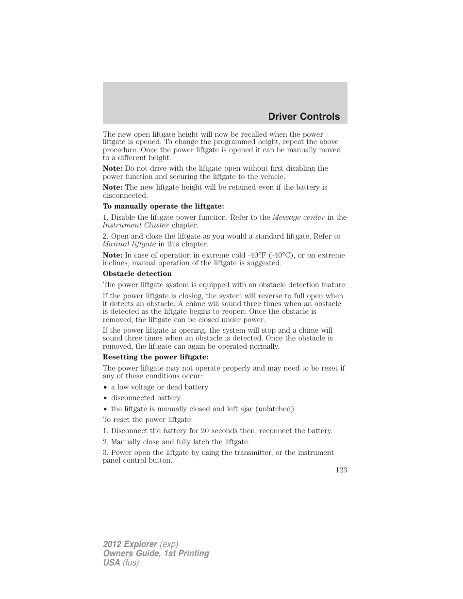 Driver controls | FORD 2012 Explorer v.1 User Manual | Page 123 / 439