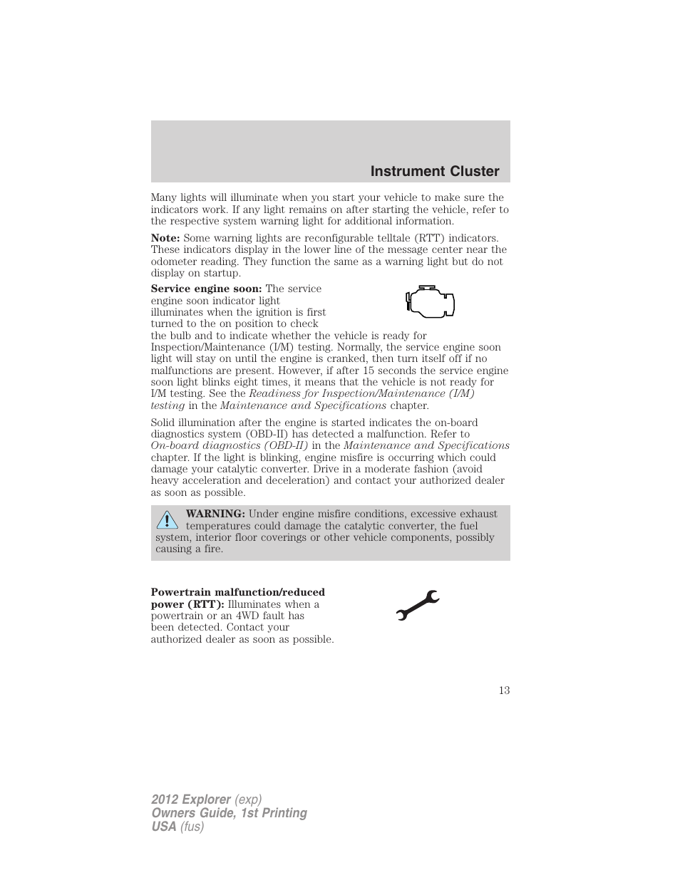 Instrument cluster | FORD 2012 Explorer v.1 User Manual | Page 13 / 439