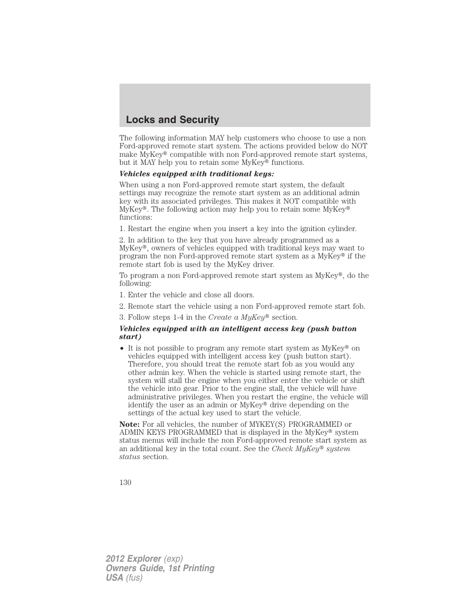 Locks and security | FORD 2012 Explorer v.1 User Manual | Page 130 / 439
