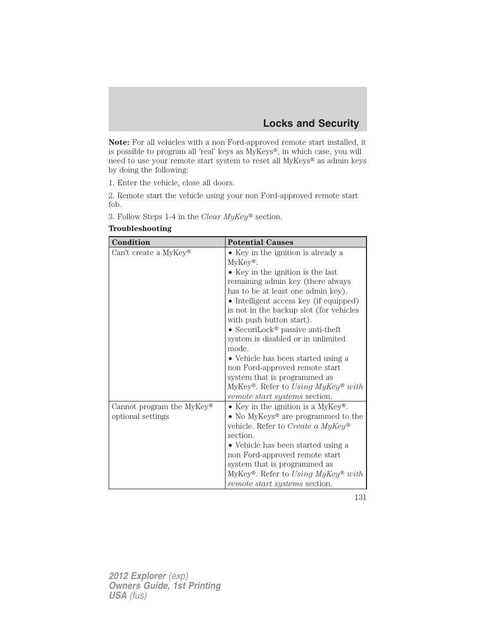 Locks and security | FORD 2012 Explorer v.1 User Manual | Page 131 / 439