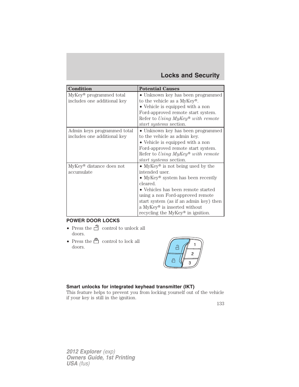 Power door locks, Locks, Locks and security | FORD 2012 Explorer v.1 User Manual | Page 133 / 439