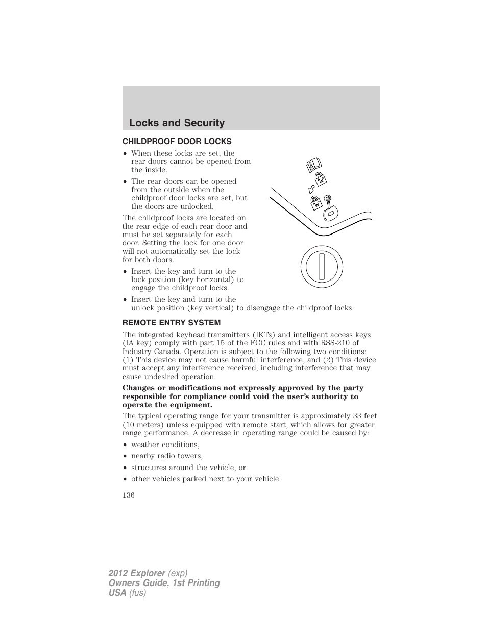Childproof door locks, Remote entry system, Locks and security | FORD 2012 Explorer v.1 User Manual | Page 136 / 439