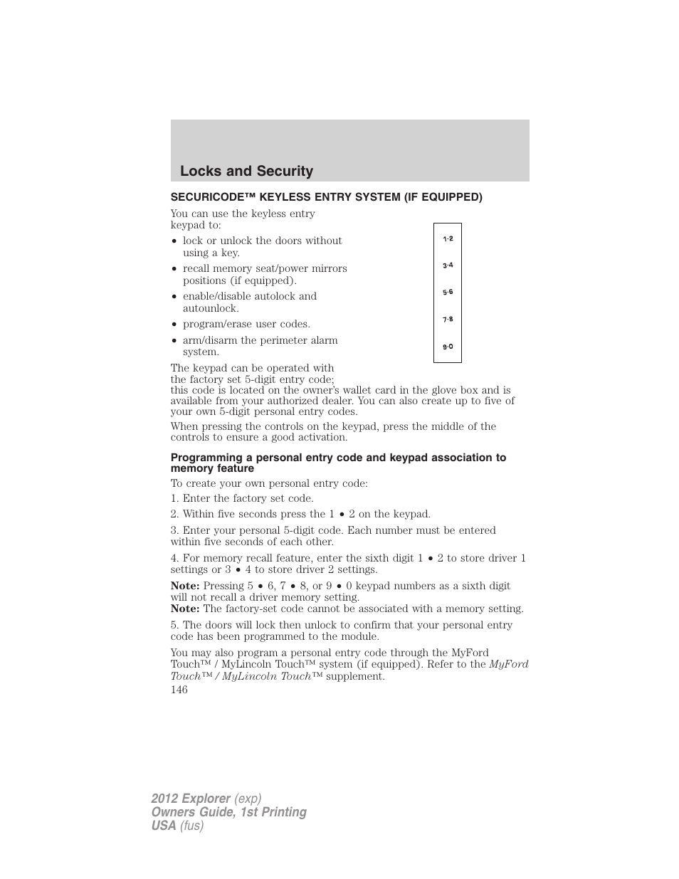 Securicode™ keyless entry system (if equipped), Locks and security | FORD 2012 Explorer v.1 User Manual | Page 146 / 439