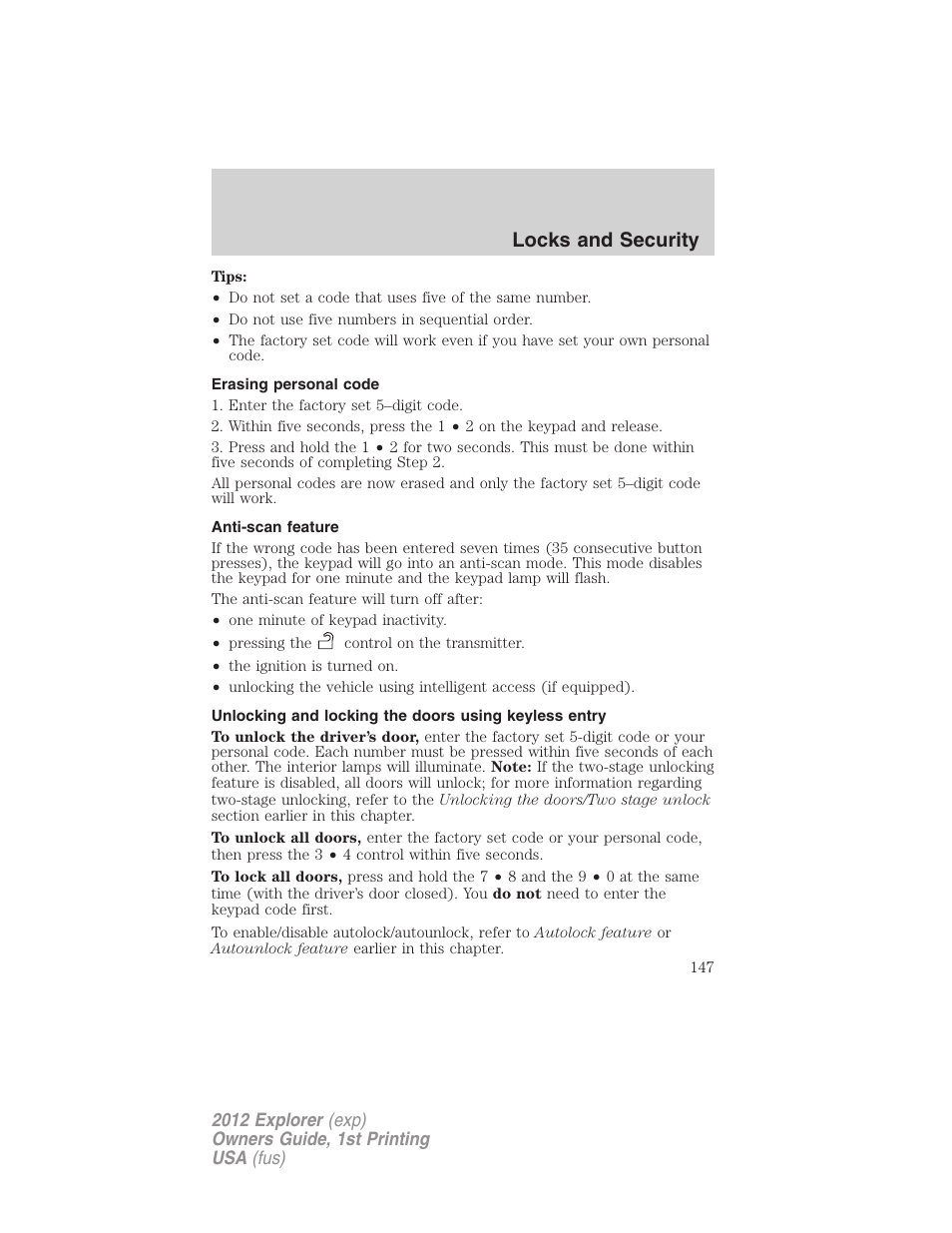 Erasing personal code, Anti-scan feature, Locks and security | FORD 2012 Explorer v.1 User Manual | Page 147 / 439