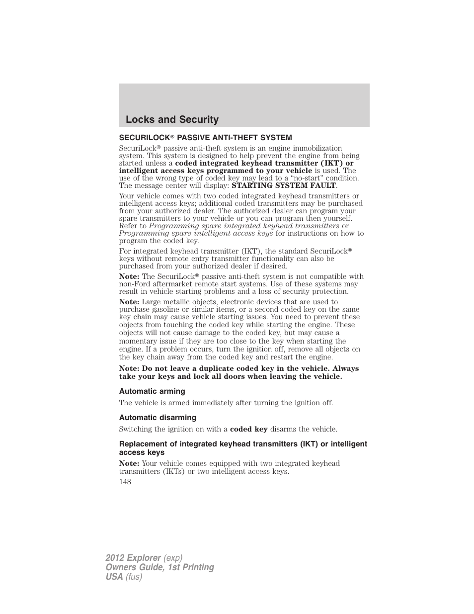 Securilock passive anti-theft system, Automatic arming, Automatic disarming | Anti-theft system, Locks and security | FORD 2012 Explorer v.1 User Manual | Page 148 / 439