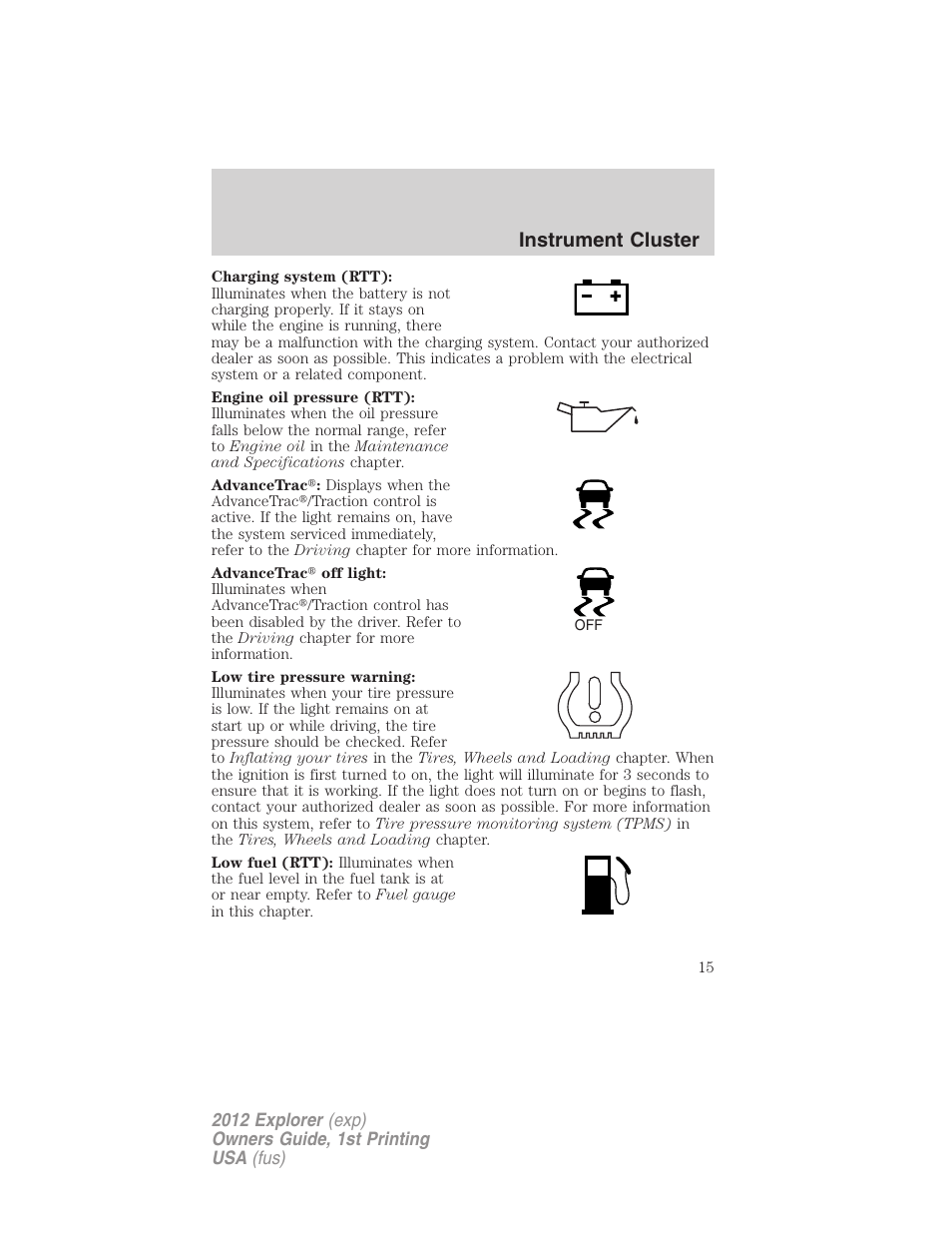Instrument cluster | FORD 2012 Explorer v.1 User Manual | Page 15 / 439