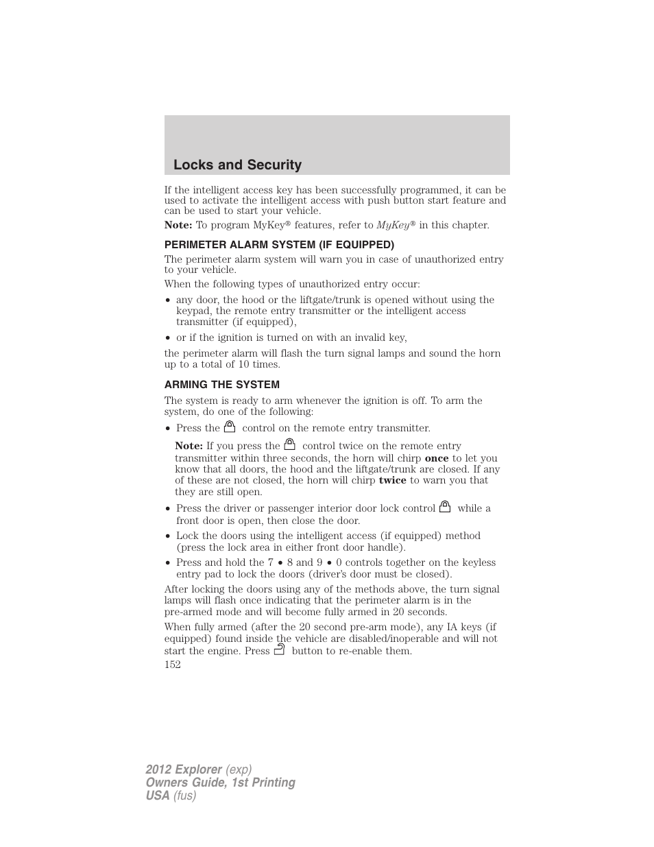 Perimeter alarm system (if equipped), Arming the system, Locks and security | FORD 2012 Explorer v.1 User Manual | Page 152 / 439
