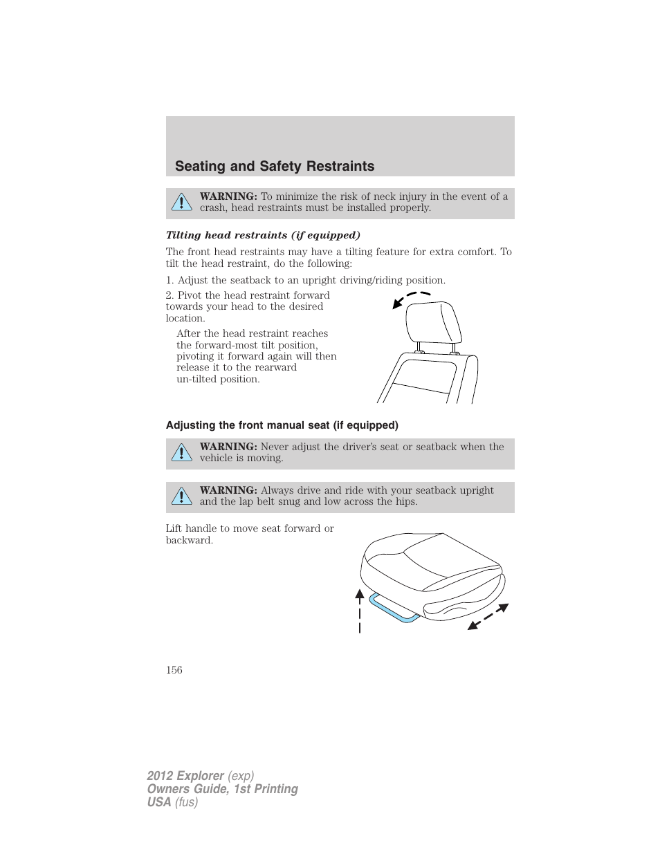 Adjusting the front manual seat (if equipped), Seating and safety restraints | FORD 2012 Explorer v.1 User Manual | Page 156 / 439