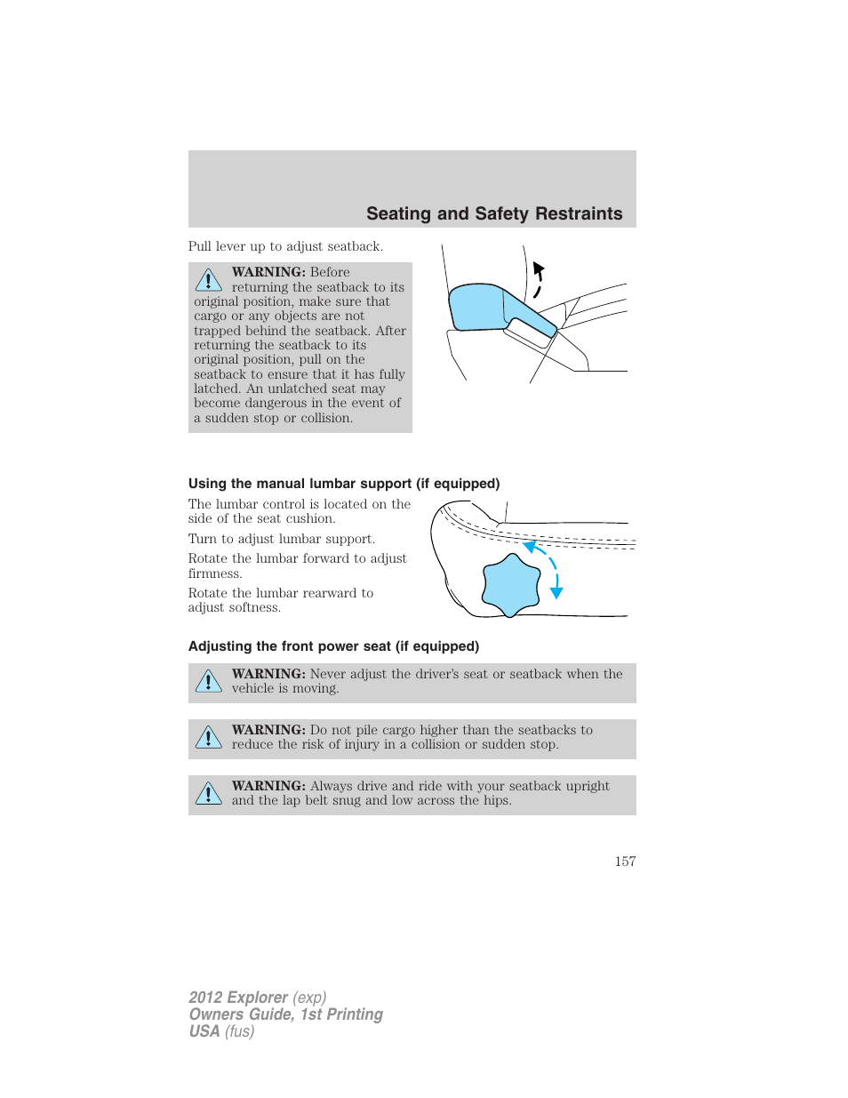 Using the manual lumbar support (if equipped), Adjusting the front power seat (if equipped), Seating and safety restraints | FORD 2012 Explorer v.1 User Manual | Page 157 / 439