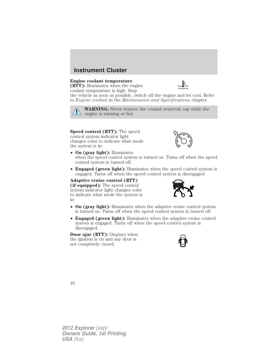 Instrument cluster | FORD 2012 Explorer v.1 User Manual | Page 16 / 439