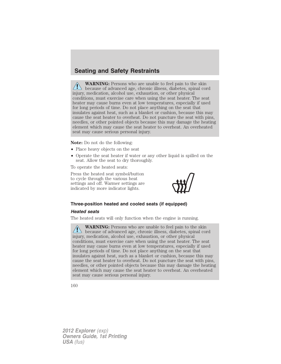 Heated seats, Seating and safety restraints | FORD 2012 Explorer v.1 User Manual | Page 160 / 439