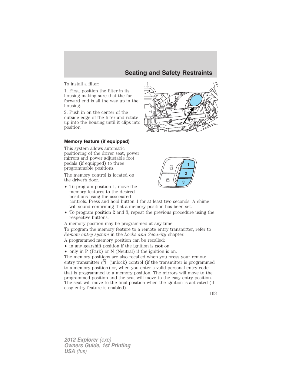 Memory feature (if equipped), Seating and safety restraints | FORD 2012 Explorer v.1 User Manual | Page 163 / 439