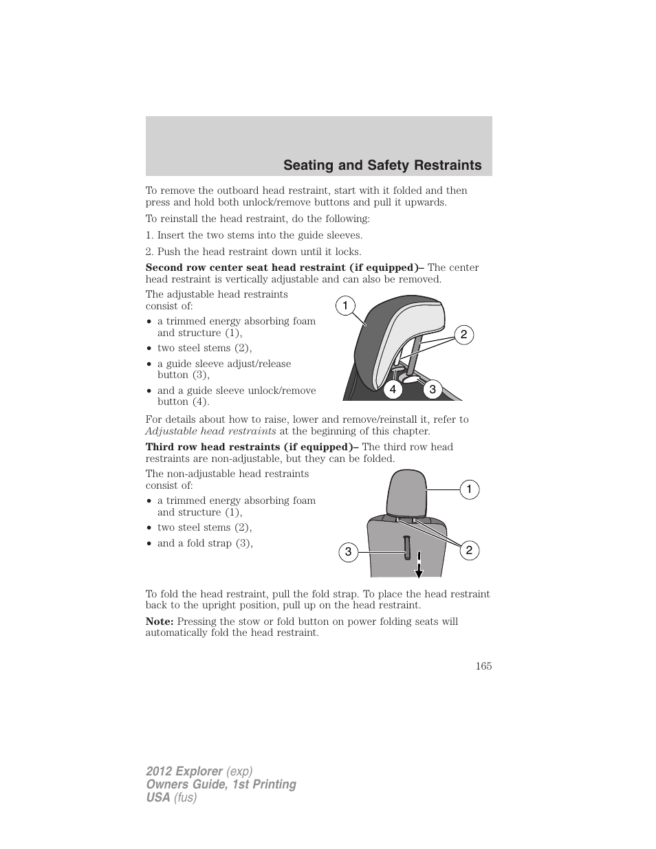 Seating and safety restraints | FORD 2012 Explorer v.1 User Manual | Page 165 / 439