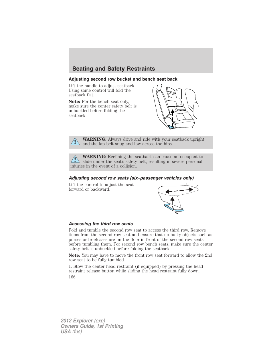 Adjusting second row bucket and bench seat back, Accessing the third row seats, Seating and safety restraints | FORD 2012 Explorer v.1 User Manual | Page 166 / 439