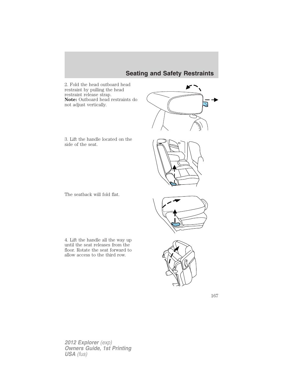 Seating and safety restraints | FORD 2012 Explorer v.1 User Manual | Page 167 / 439