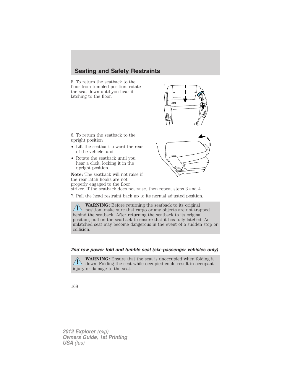 Seating and safety restraints | FORD 2012 Explorer v.1 User Manual | Page 168 / 439