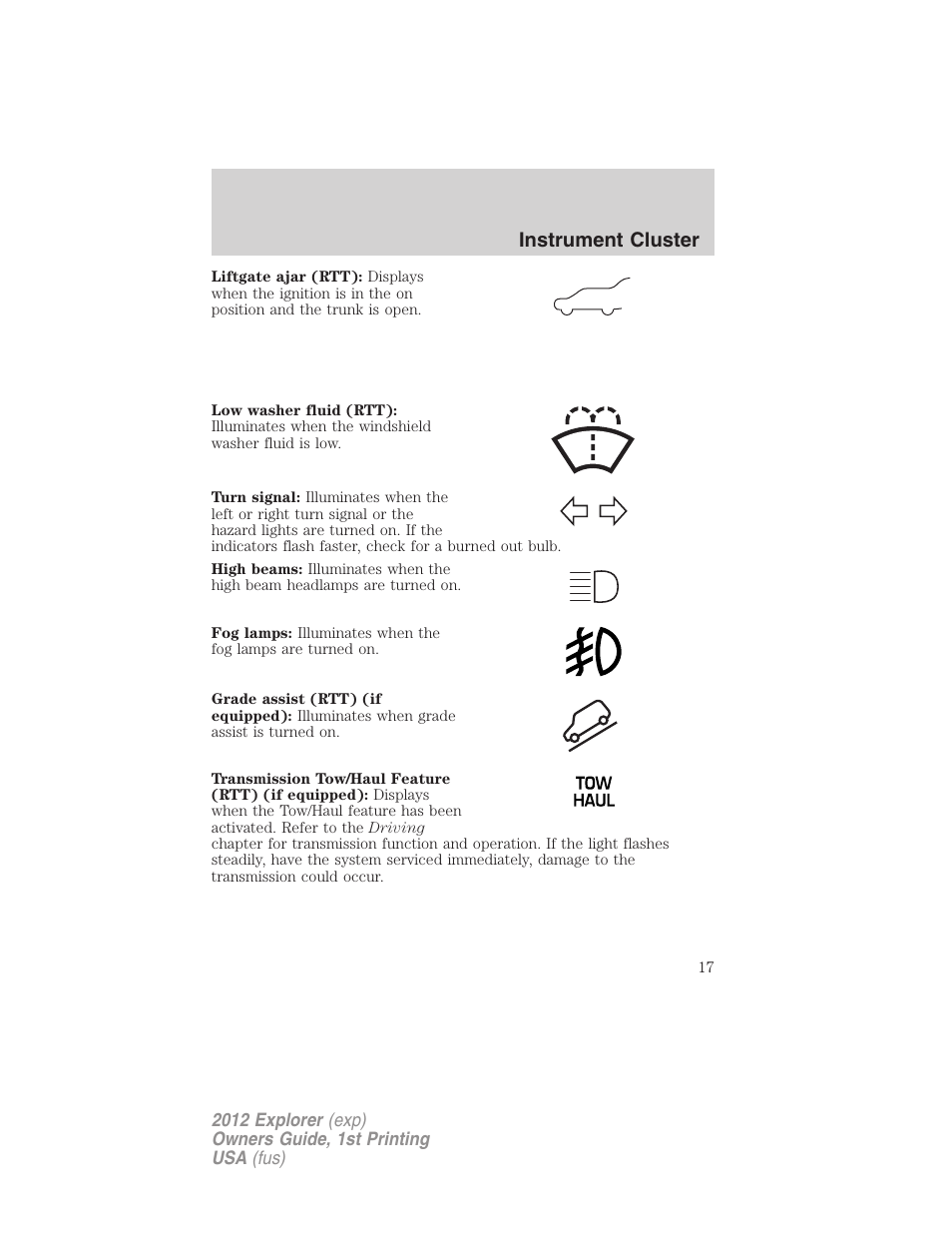 Instrument cluster | FORD 2012 Explorer v.1 User Manual | Page 17 / 439