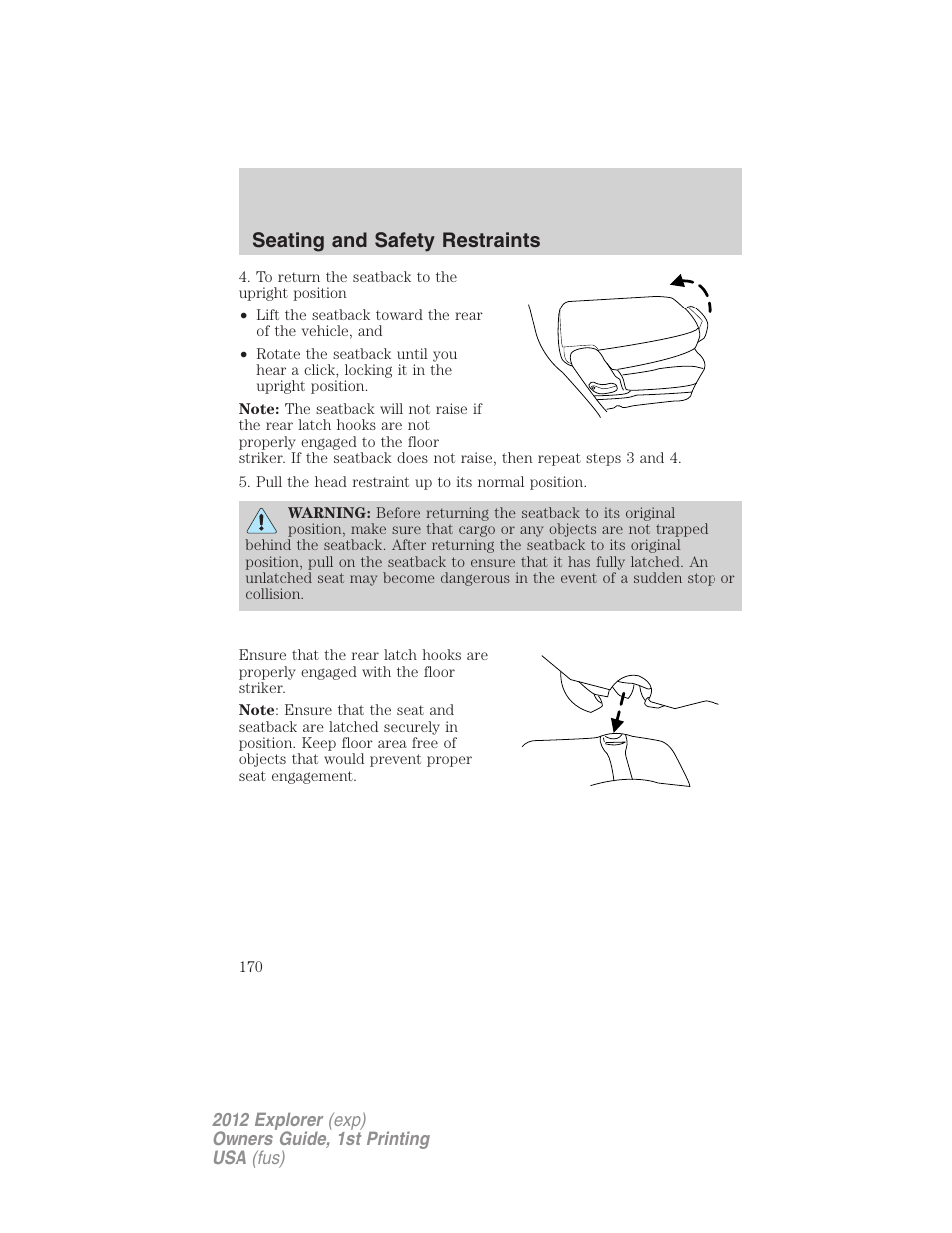 Seating and safety restraints | FORD 2012 Explorer v.1 User Manual | Page 170 / 439