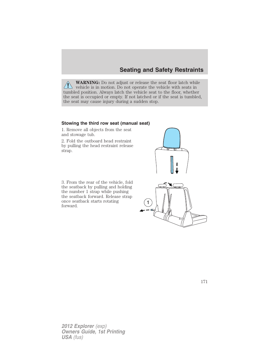 Stowing the third row seat (manual seat), Seating and safety restraints | FORD 2012 Explorer v.1 User Manual | Page 171 / 439