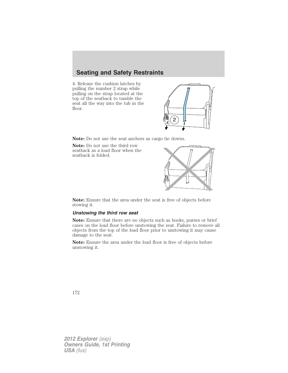 Unstowing the third row seat, Seating and safety restraints | FORD 2012 Explorer v.1 User Manual | Page 172 / 439