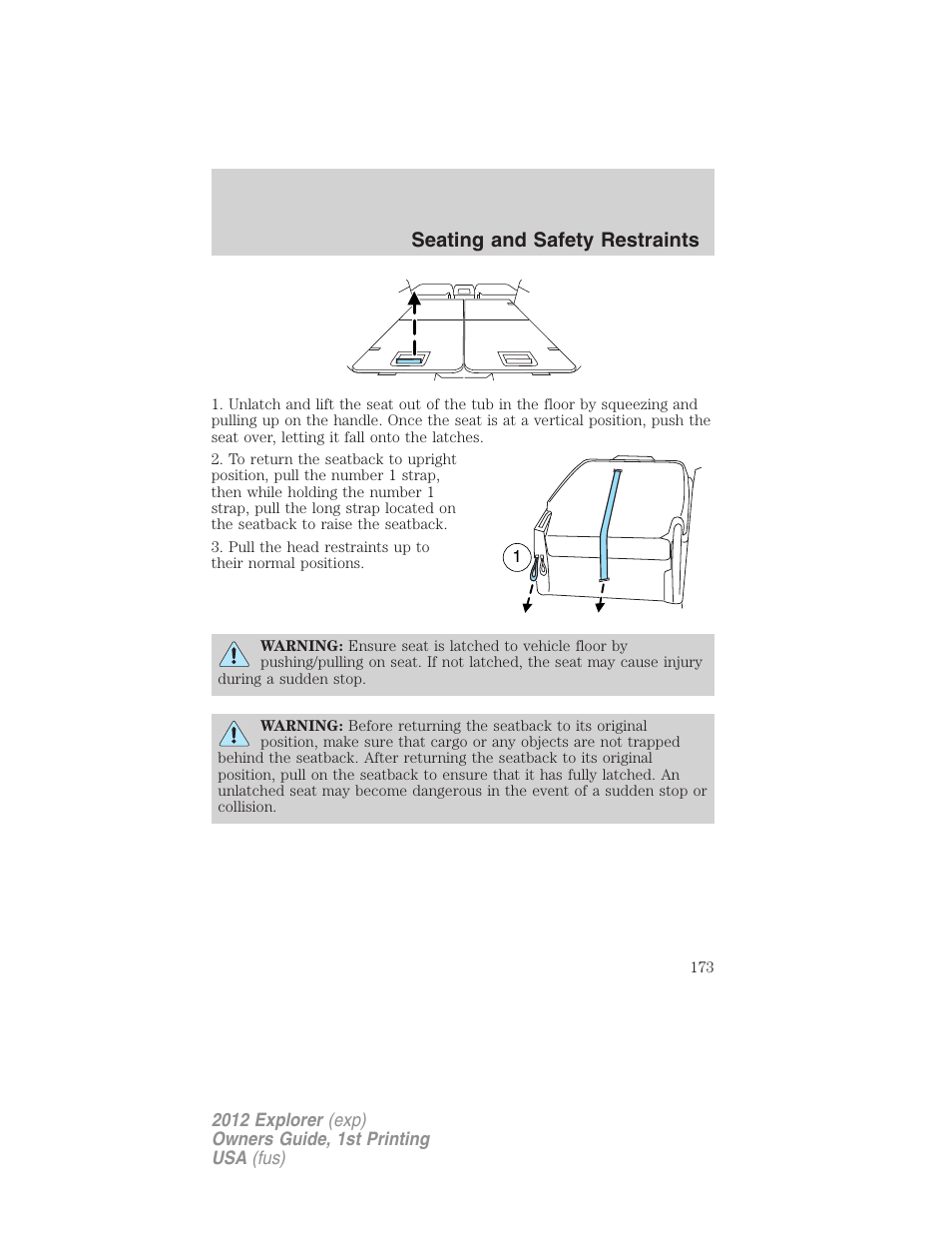 Seating and safety restraints | FORD 2012 Explorer v.1 User Manual | Page 173 / 439