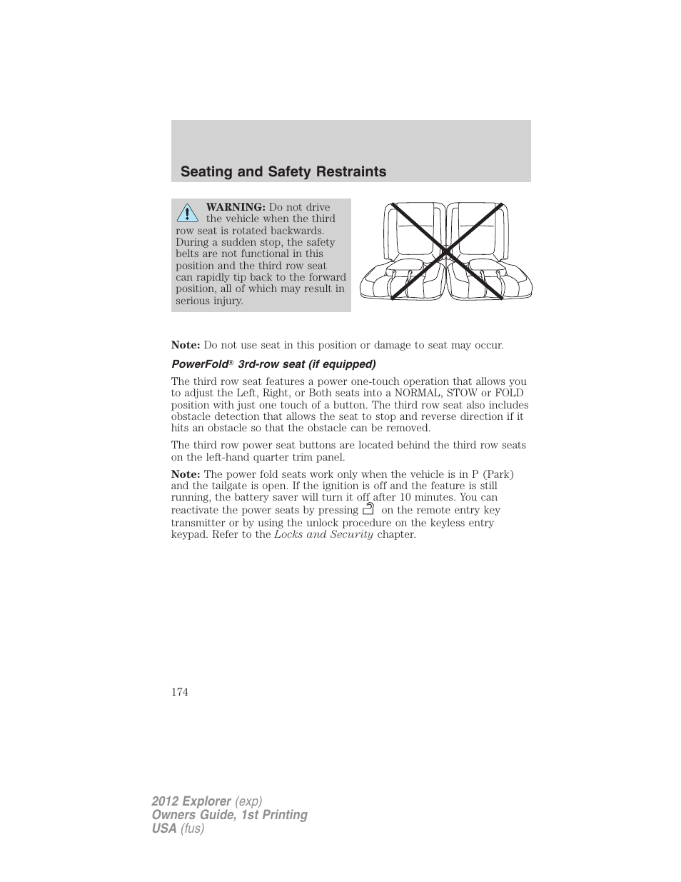 Powerfold 3rd-row seat (if equipped), Seating and safety restraints | FORD 2012 Explorer v.1 User Manual | Page 174 / 439