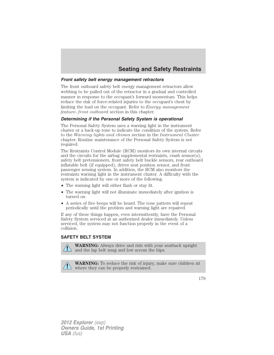 Front safety belt energy management retractors, Safety belt system, Seating and safety restraints | FORD 2012 Explorer v.1 User Manual | Page 179 / 439