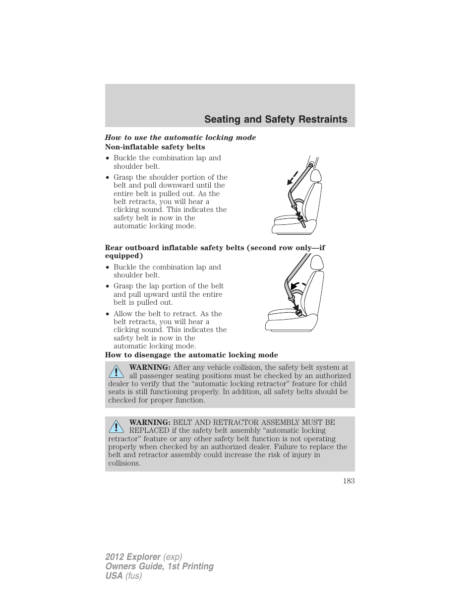 Seating and safety restraints | FORD 2012 Explorer v.1 User Manual | Page 183 / 439