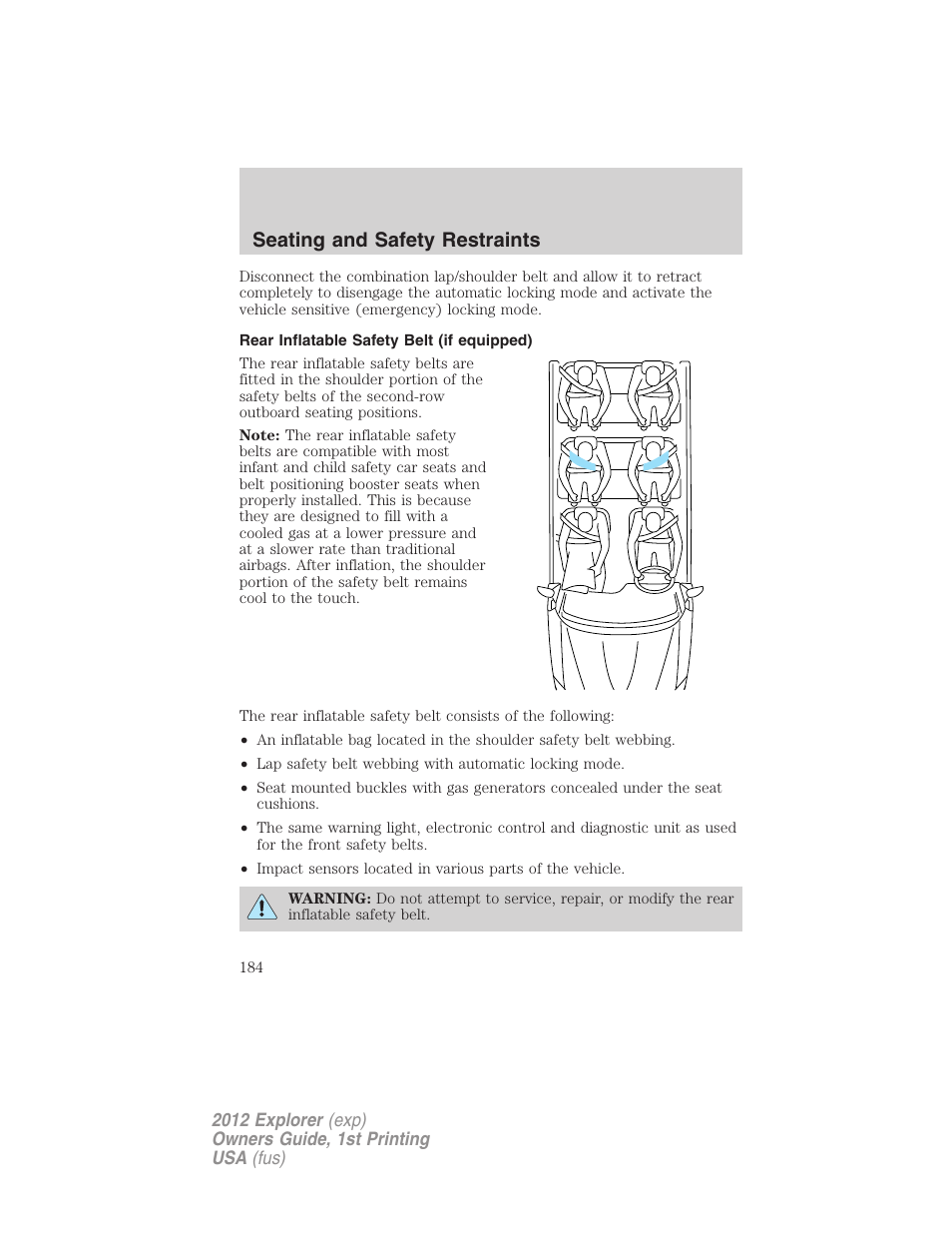 Rear inflatable safety belt (if equipped), Seating and safety restraints | FORD 2012 Explorer v.1 User Manual | Page 184 / 439